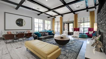 Living room with a yellow sofa